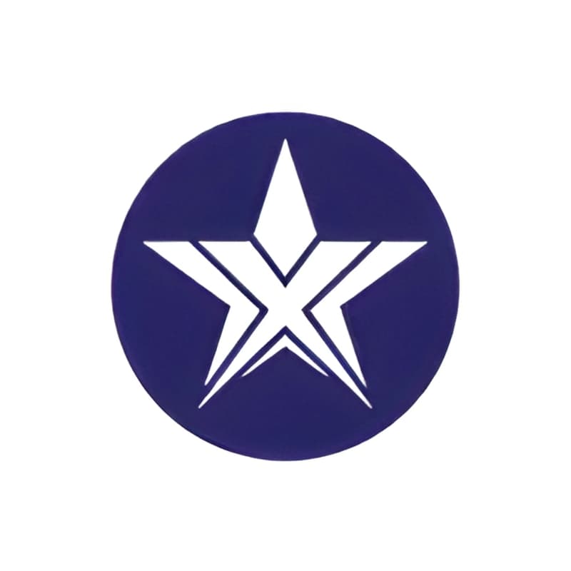 Stylized white star with geometric angles and X shape in center on dark blue circular background