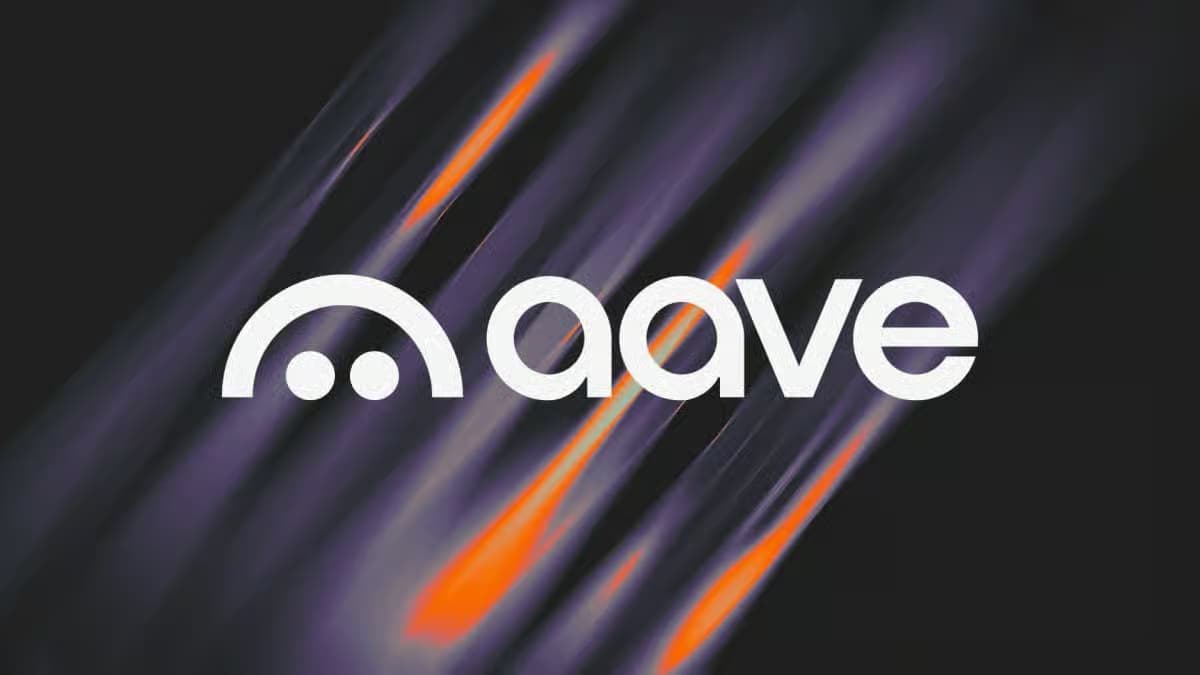 Aave logo with modern rounded font and abstract arc design on a dark background with purple and orange streaks representing decentralized finance innovation