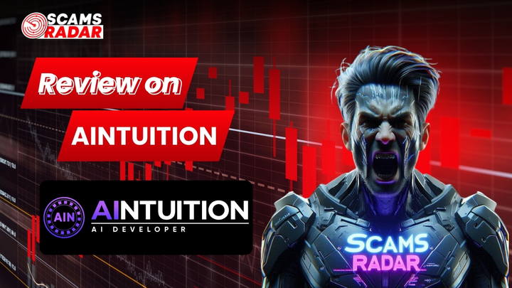 Aintuition Review graphic by Scams Radar showing futuristic AI developer theme with financial chart background