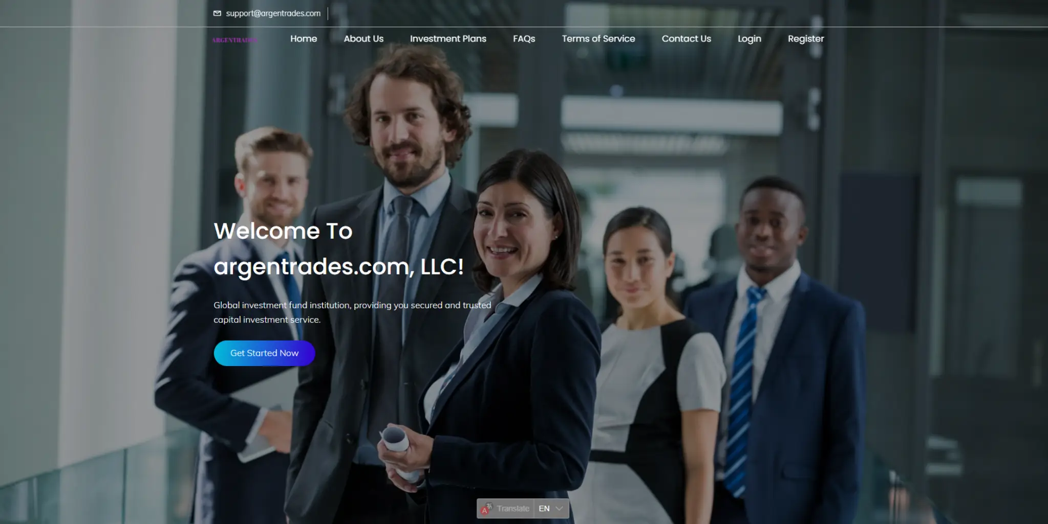 Argentrades website homepage showing investment company landing page and team professionals