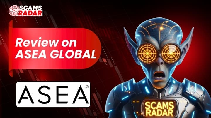 ASEA Global Review graphic showing Scams Radar analysis with futuristic character and ASEA logo