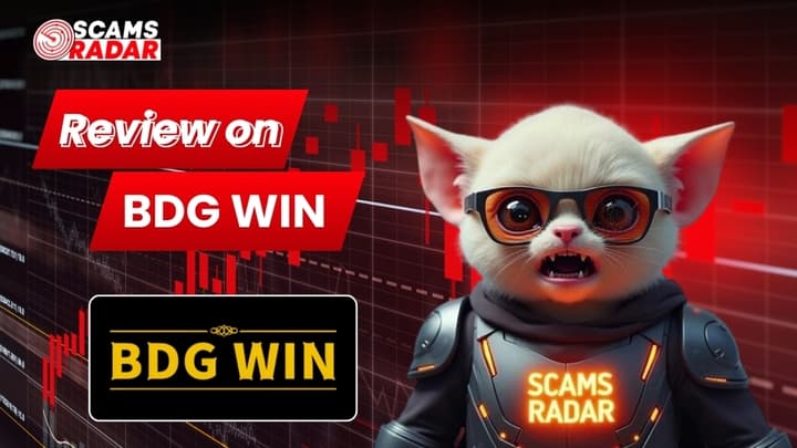 Promotional graphic for Scams Radar review on BDG WIN with financial chart background and futuristic cat character wearing glasses