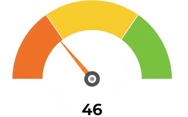 Gauge chart showing BDG WIN trading score of 46 in orange section indicating low rating