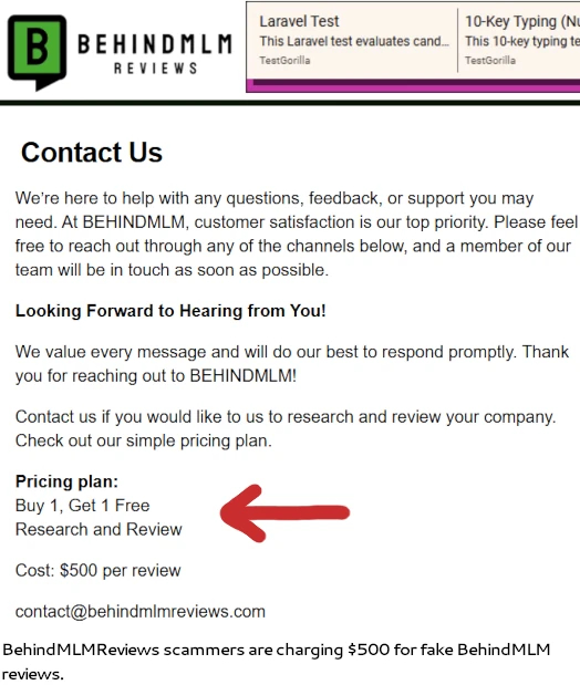 Screenshot of BehindMLM Reviews contact page showing $500 fake review pricing plan with Buy 1 Get 1 Free offer highlighted