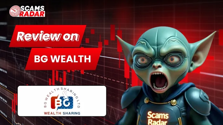 BG Wealth Review by Scams Radar showing wealth sharing platform analysis with red trading chart background