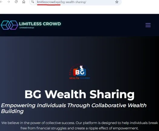 BG Wealth Sharing website screenshot shown amid fraud warnings issued by financial regulators