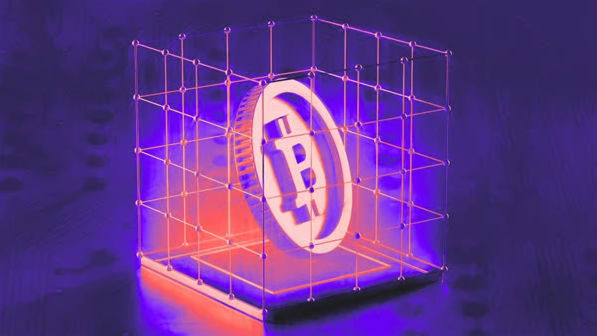 Stylized Bitcoin symbol inside a wireframe cube representing Bitcoin-backed bonds