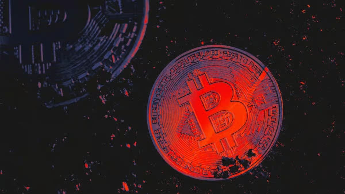 Close-up of a Bitcoin cryptocurrency coin illuminated with red and blue lighting against a dark background
