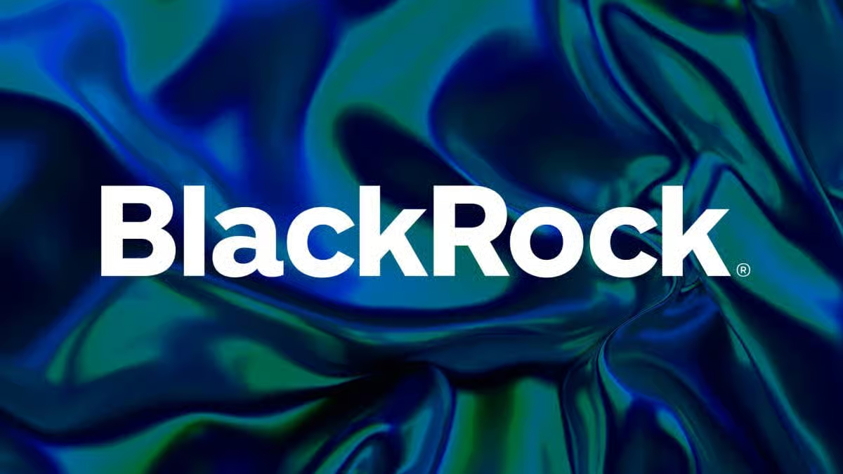 BlackRock logo in bold white text with registered trademark symbol on a fluid abstract background of blue and green waves