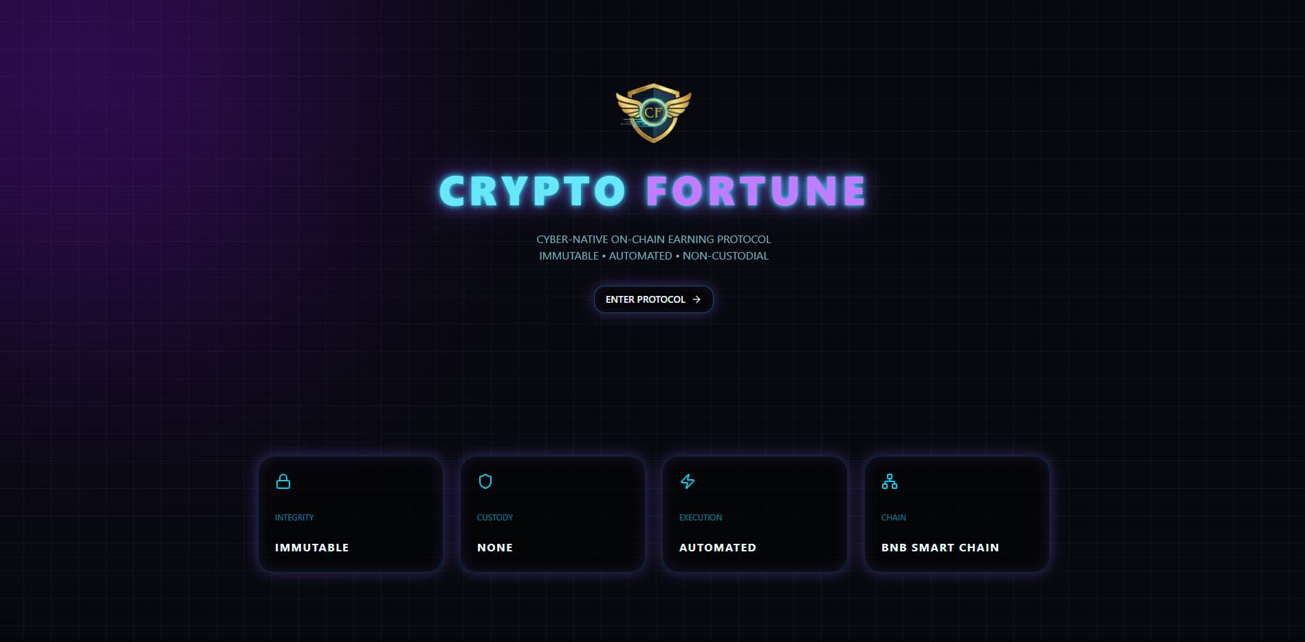 Crypto Fortune promotional webpage featuring neon cyber-style design, CF logo with wings, tagline cyber-native on-chain earning protocol, and features like immutable, automated, non-custodial on BNB Smart Chain