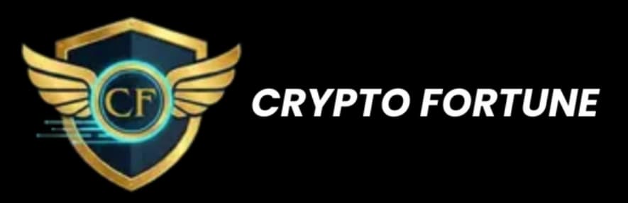 Crypto Fortune logo featuring CF emblem inside shield with gold wings and bold white text on black background