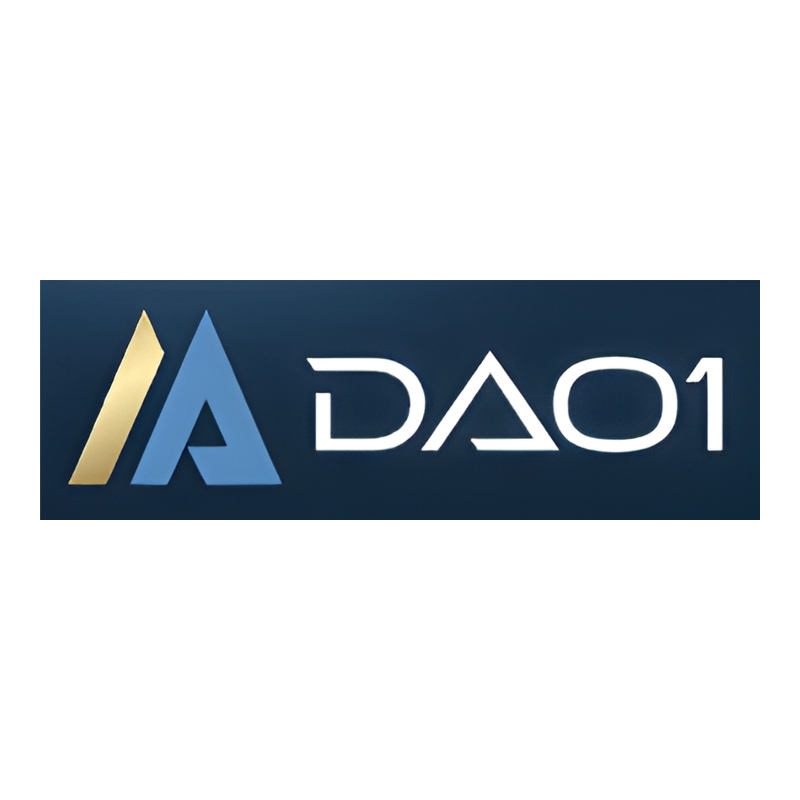 DAO1 logo featuring a stylized gold diagonal and blue triangular shape forming an abstract A symbol with modern sans-serif text on a dark blue gradient background