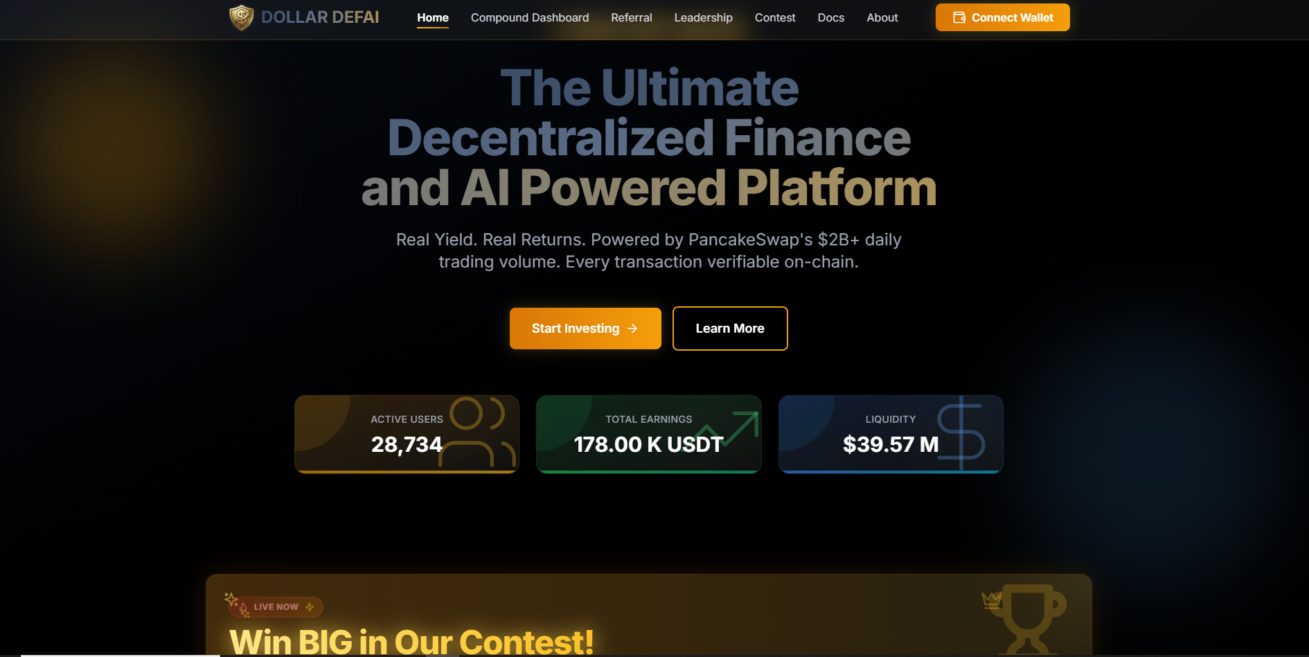 Dollar Defai Review homepage screenshot showing decentralized finance platform features, AI integration, and user statistics