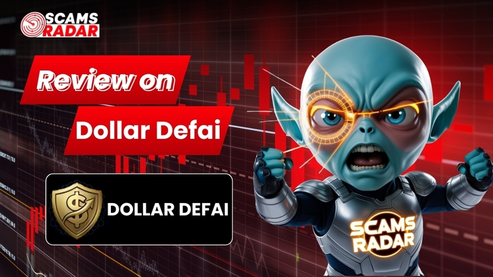 Scams Radar graphic highlighting Dollar Defai Review with crypto market chart and futuristic character