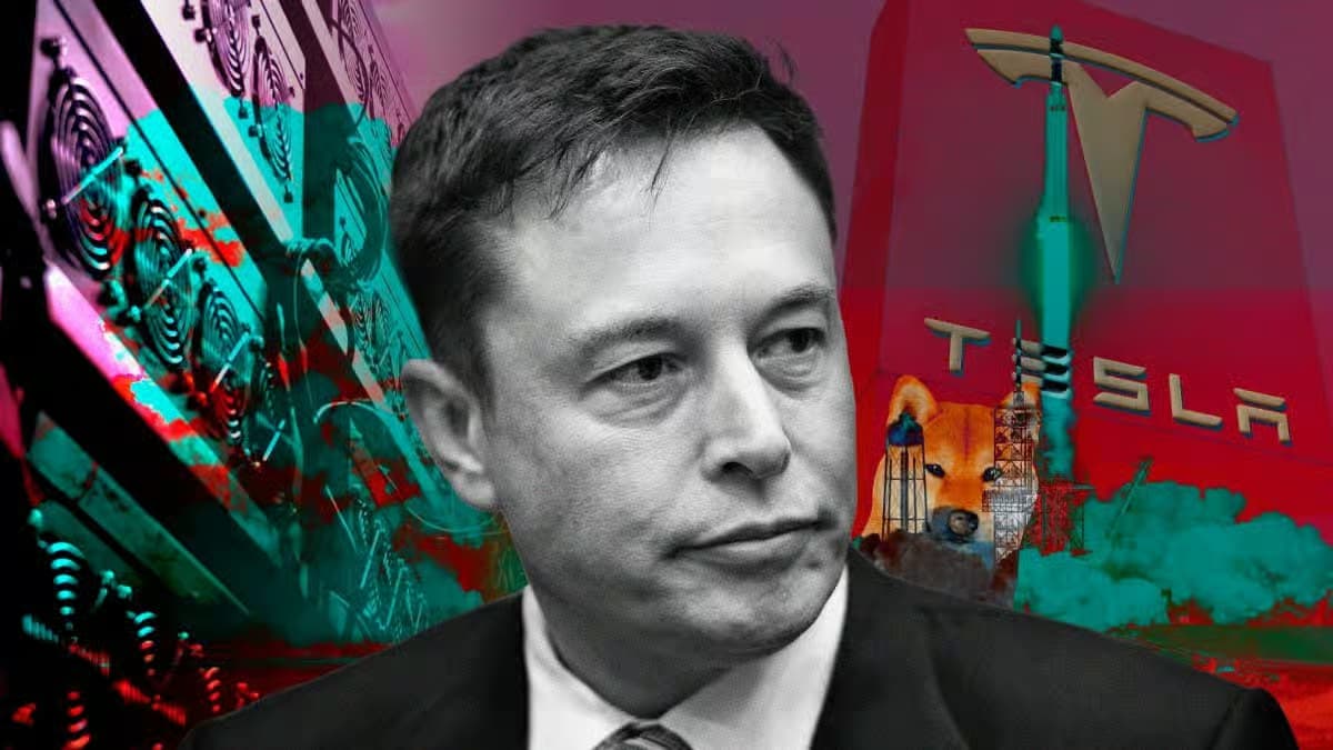 Collage of Elon Musk featuring Tesla logo, SpaceX rocket launch, Dogecoin meme, and cryptocurrency mining rigs