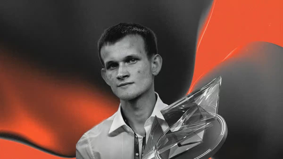 Stylized portrait of a person in a white collared shirt with a 3D Ethereum logo in transparent reflective material against a dramatic black and red abstract background