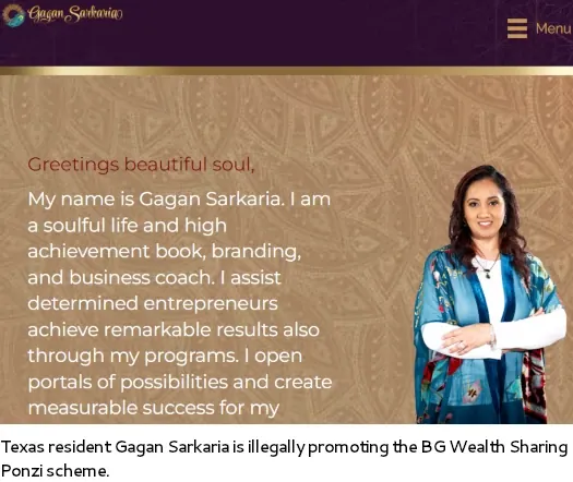 Texas resident Gagan Sarkaria accused of illegally promoting the BG Wealth Sharing Ponzi scheme