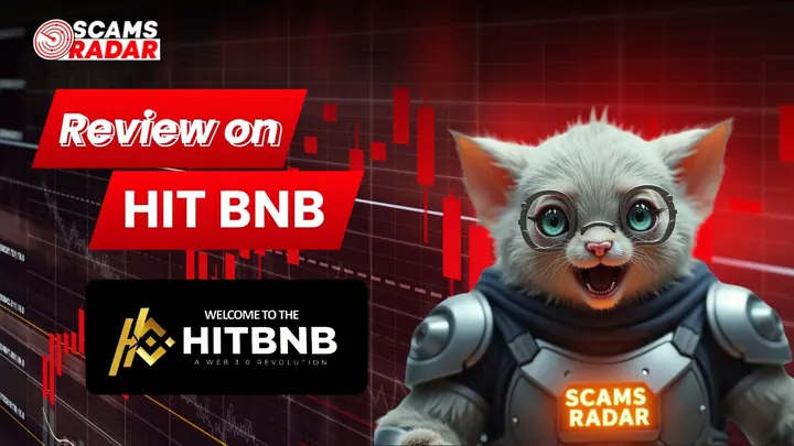 HIT BNB review showing Scams Radar analysis with crypto trading chart background highlighting whether HITBNB is legit or a scam