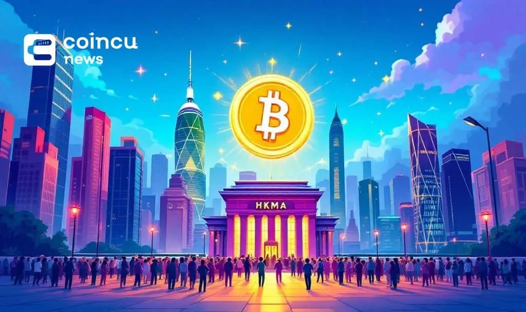 Hong Kong financial district illustration showing Bitcoin and HKMA as the city prepares to issue stablecoin licenses