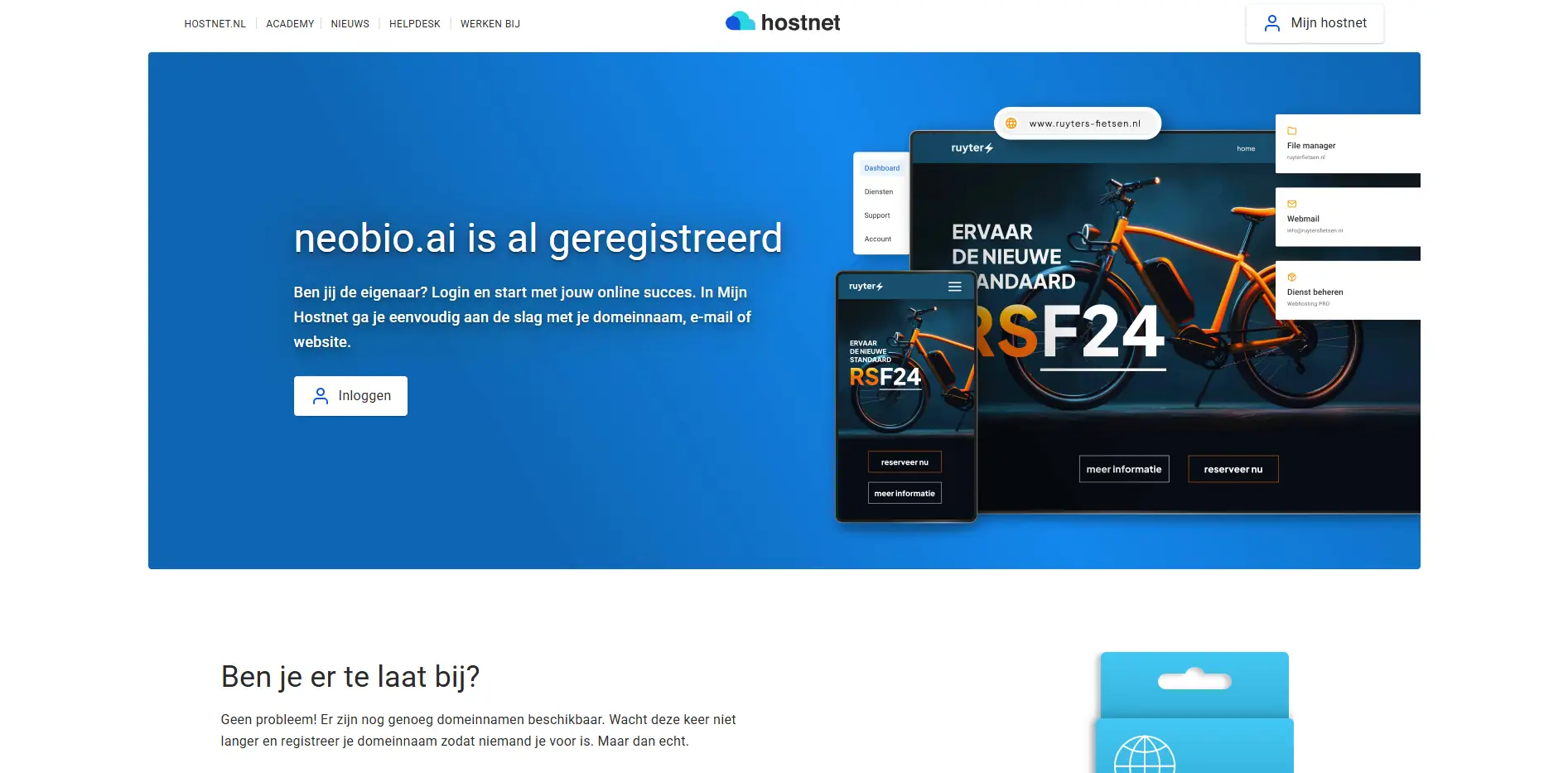 Screenshot showing neobio.ai registered on Hostnet hosting platform login and domain dashboard