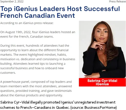 Screenshot of iGenius press release featuring a French Canadian event and promoter later fined by Quebec regulator