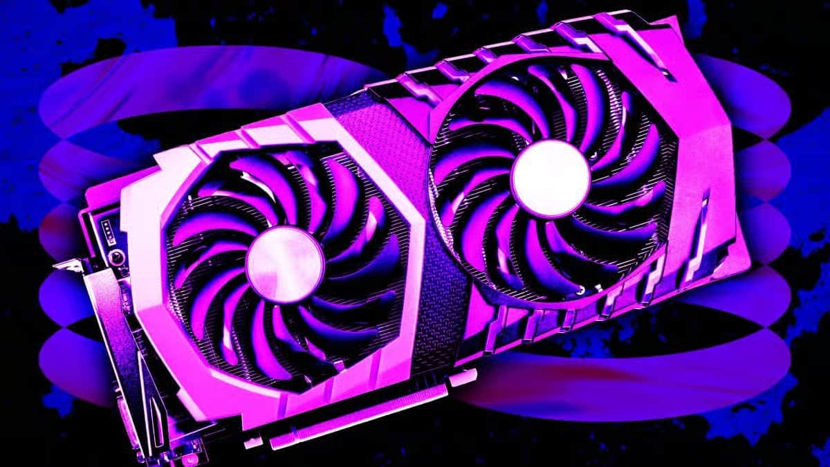 High performance graphics card GPU with dual cooling fans in neon purple lighting