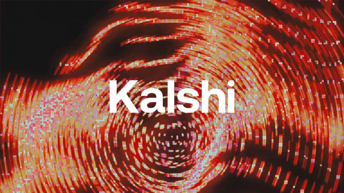 Kalshi logo with vibrant digital abstract background of red, orange, and pink lines representing technology and data motion