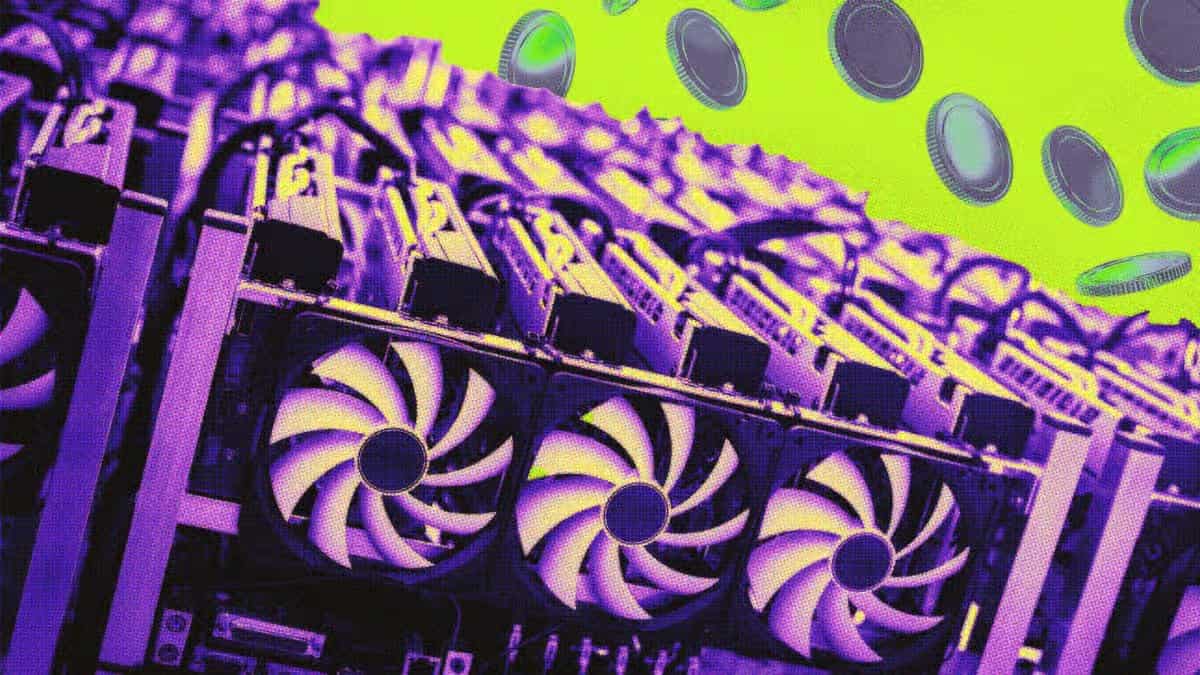 Stylized cryptocurrency mining farm with GPU rigs, cooling fans, and digital coins in a futuristic purple-green design.