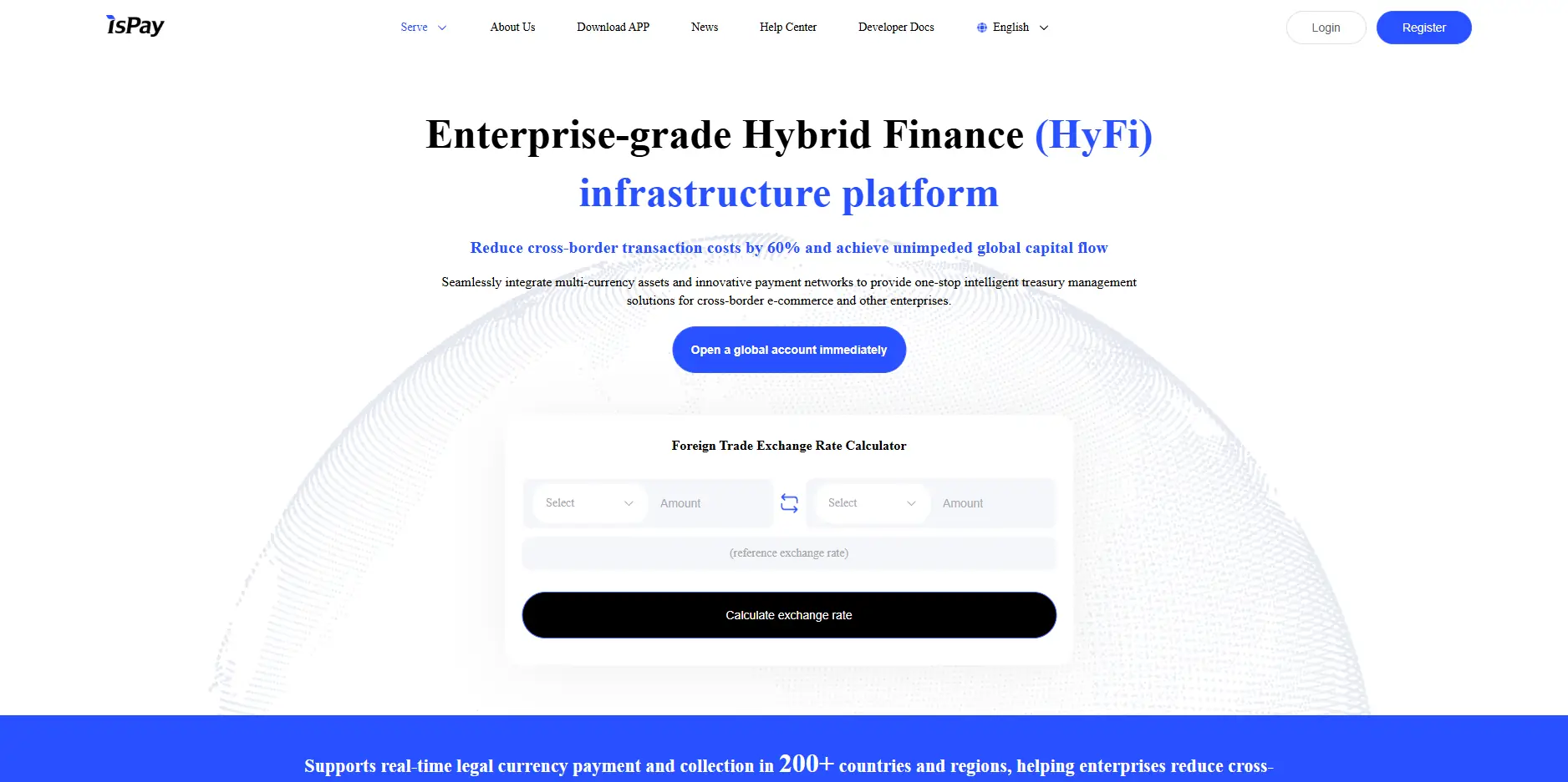 IS-PAY HyFi enterprise finance platform homepage showing global account and exchange rate features