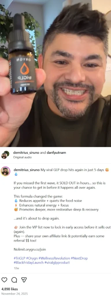 Affiliate promoting Lyvli GLP drop supplement in Instagram post with sales and referral claims