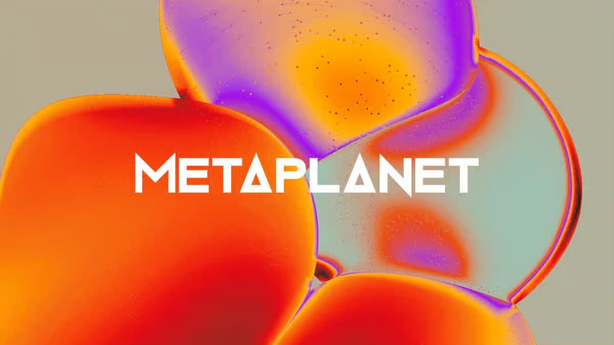 Abstract colorful shapes with glowing effect surrounding the bold white Metaplanet logo in futuristic geometric font