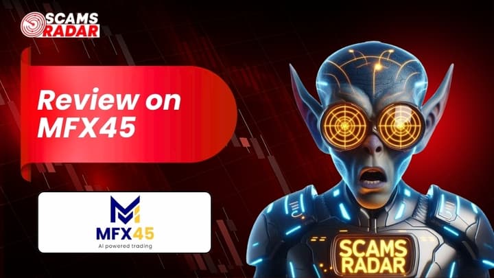 Futuristic robot with glowing radar eyes and chest plate labeled Scams Radar in a review on MFX45 AI powered trading