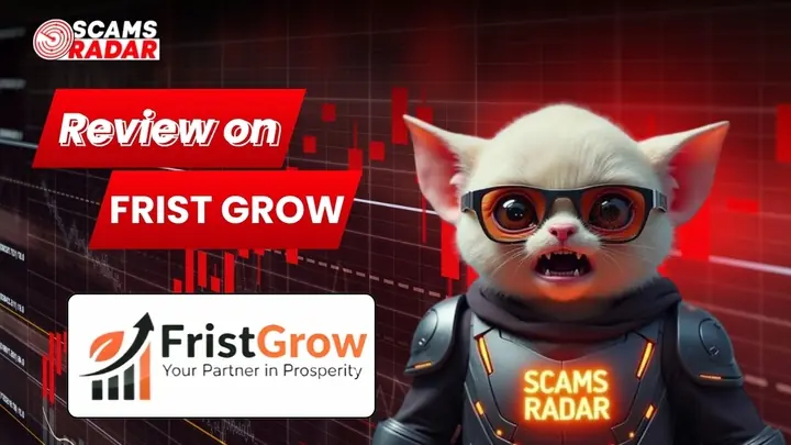Mujhe keyword ke saath Frist Grow ka review thumbnail – Scams Radar, FristGrow logo aur character graphic