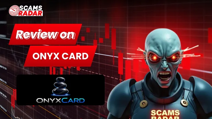 Onyx Card Review banner featuring Scams Radar warning theme with red trading chart background and suspicious character image