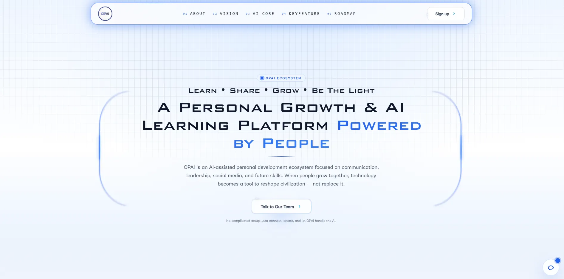 OPAI AI learning platform hero section showing personal growth, AI-powered education, community driven learning and future skills development