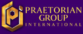 Logo of Praetorian Group International featuring stylized gold and black emblem with PGI initials and text on purple background
