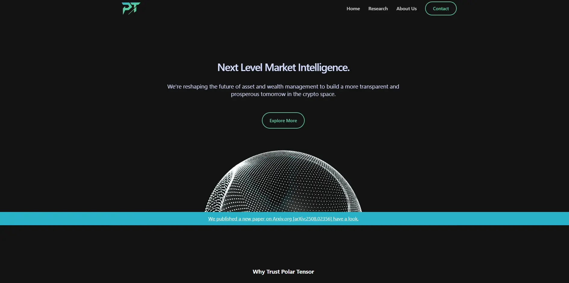 Polar Tensor market intelligence platform homepage showing crypto research and data analytics