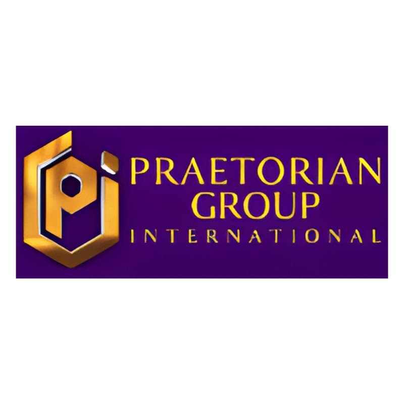 Logo of Praetorian Group International featuring stylized gold and black emblem with PGI initials and text on purple background