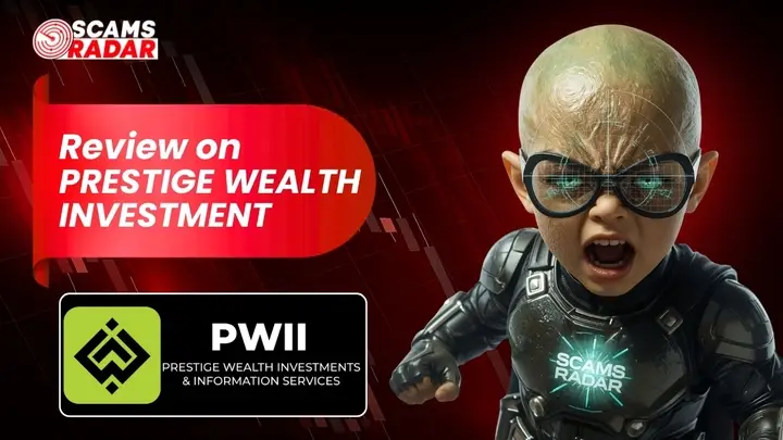 Prestige Wealth Investment Review scam alert image showing PWII logo and Scams Radar warning graphic