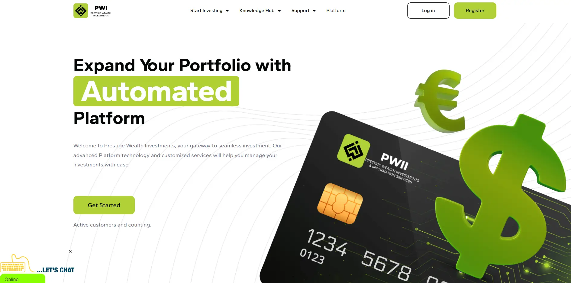 Prestige Wealth Investments automated platform homepage showing investment dashboard, PWII card, and dollar and euro financial symbols