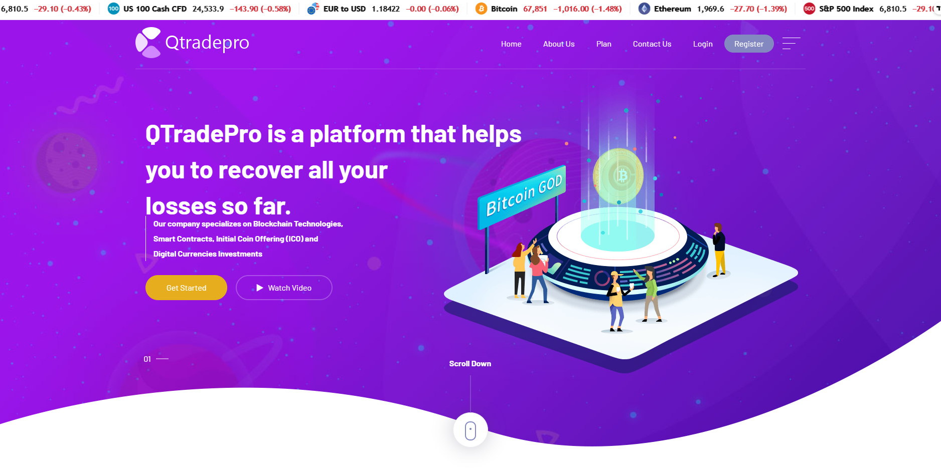 Qtrade Review homepage screenshot of Qtradepro platform with purple digital background, blockchain investment claims, and Bitcoin GOD illustration