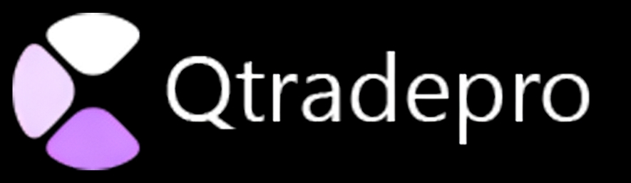 Qtrade Review logo for Qtradepro showing modern circular emblem with purple and white petal design on black background