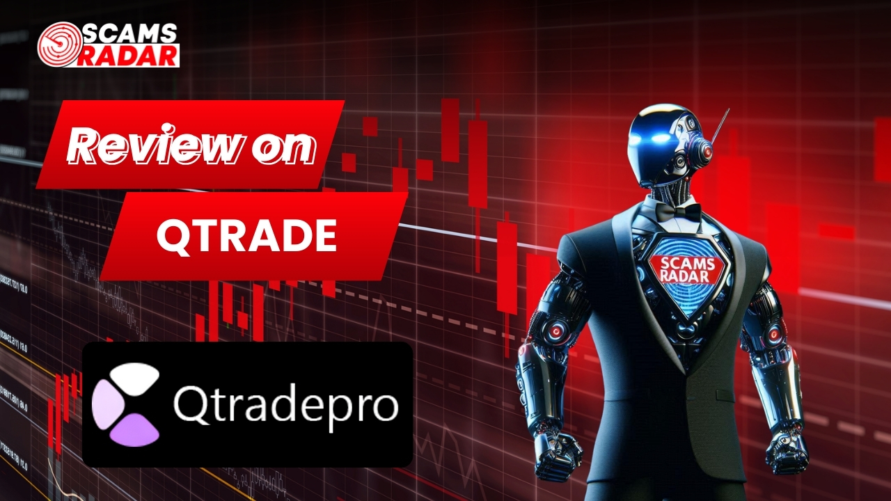 Qtrade Review promotional graphic by Scams Radar featuring financial candlestick chart background and humanoid robot in tuxedo with glowing chest emblem
