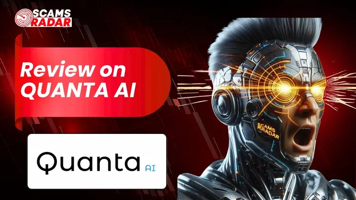 Quanta AI review banner showing Scams Radar analysis with futuristic AI cyborg and scam investigation theme