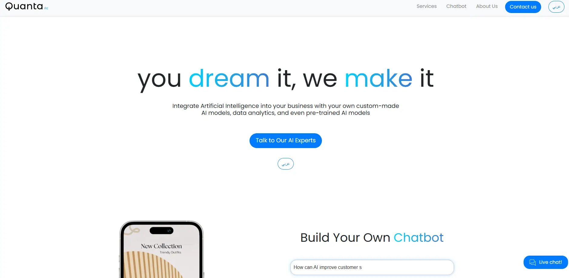 Quanta AI services homepage showing custom AI model development, chatbot integration, and AI business solutions interface