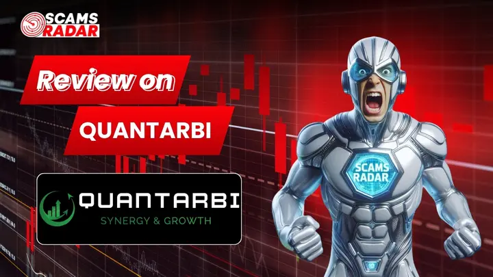 QuantArbi review showing Scams Radar analysis of QuantArbi Synergy & Growth platform with trading chart background and scam investigation theme