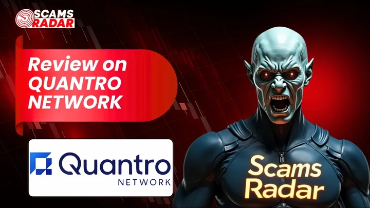 Quanto Network Review by Scams Radar showing scam warning concept with dark background and alert theme