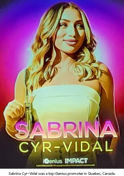 Promotional image of Sabrina Cyr-Vidal, a former top iGenius promoter in Quebec, Canada