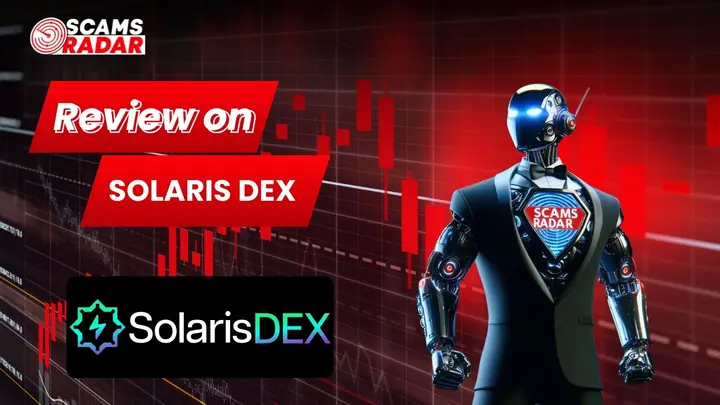 Scams Radar Solaris DEX review graphic with trading chart background and security robot illustration