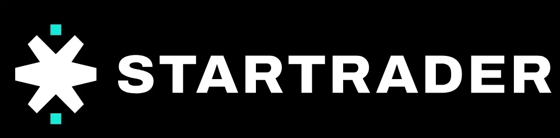 StarTrader official logo on black background with white text and turquoise symbol